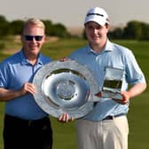 Keith Pelley presented Bob MacIntyre with with the 2019 Sir Henry Cotton Rookie of the Year and Challenge Tour Graduate of the Year awards following the DP World Tour Championship at Jumeirah Golf Estates in Dubai. Picture: Tom Dulat/Getty Images.