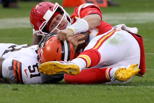 Kansas City Chiefs quarterback Patrick Mahomes had to go off following a clash of heads in the win over the Cleveland Browns. Picture: Jamie Squire/Getty Images