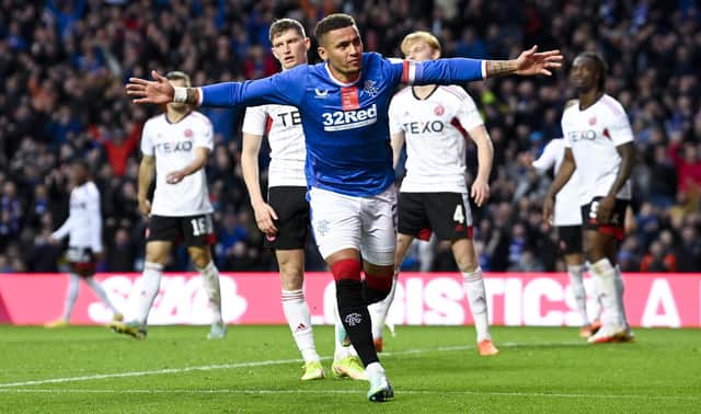 James Tavernier celebrates scoring to make it 3-1 during a cinch Premiership match between Rangers and Aberdeen at Ibrox in October.