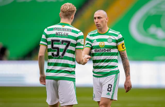 Stephen Welsh with Scott Brown, whom the young defender is desperate to see stay next season because of the help he gives "every single player" in the Celtic team. (Photo by Craig Williamson / SNS Group)