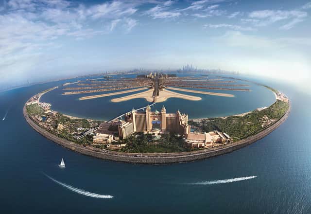 The Atlantis, a salmon-pink Arabian archway at the tip of the crescent forming artificial archipelago Palm Jumeirah, has 1,539 guest rooms.