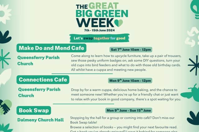 Dalmeny and Queensferry Church is celebrating The Great Big Green Week (7th–15th June 2024) with a series of community events promoting sustainability, creativity, and connection. From upcycling at the "Make Do and Mend Café" to book swaps, eco-cafés, and fun-filled family mornings, the week offers something for everyone. Events will be held at both Queensferry Parish Church and Dalmeny Church Hall.