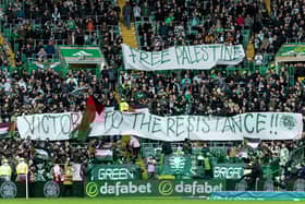 Celtic fan group The Green Brigade hold up a banner for Palestine before the cinch Premiership match against Kilmarnock at Celtic Park on Saturday. (Photo by Craig Foy / SNS Group)