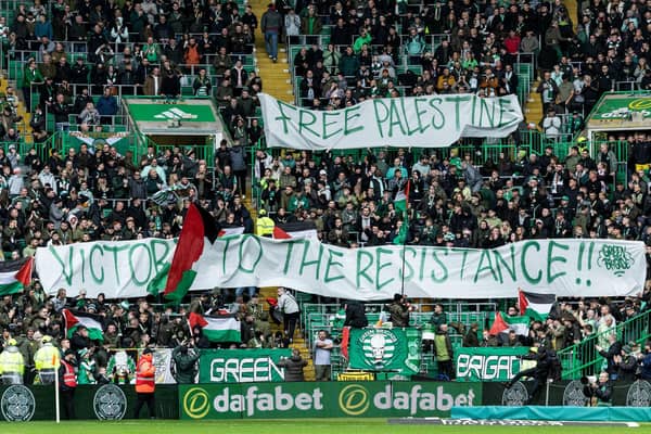Celtic fan group The Green Brigade hold up a banner for Palestine before the cinch Premiership match against Kilmarnock at Celtic Park on Saturday. (Photo by Craig Foy / SNS Group)