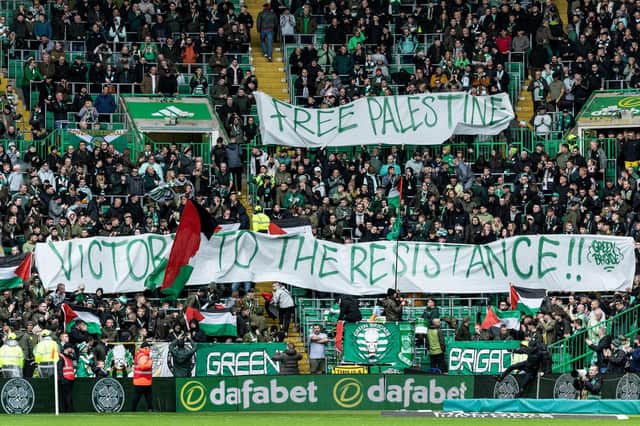 Celtic fan group The Green Brigade hold up a banner for Palestine before the cinch Premiership match against Kilmarnock at Celtic Park on Saturday. (Photo by Craig Foy / SNS Group)