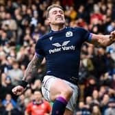 Scotland's Stuart Hogg celebrates scoring the second try of the match to become Scotland's highest try scorer during the Autumn Nations Series match between Scotland and Japan at BT Murrayfield, on November 20, 2021, in Edinburgh, Scotland.  (Photo by Paul Devlin / SNS Group)