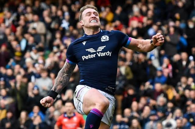Scotland's Stuart Hogg celebrates scoring the second try of the match to become Scotland's highest try scorer during the Autumn Nations Series match between Scotland and Japan at BT Murrayfield, on November 20, 2021, in Edinburgh, Scotland.  (Photo by Paul Devlin / SNS Group)