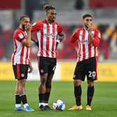 Saman Ghoddos, Ivan Toney and Bryan Mbeumo of Brentford. (Photo by Justin Setterfield/Getty Images)