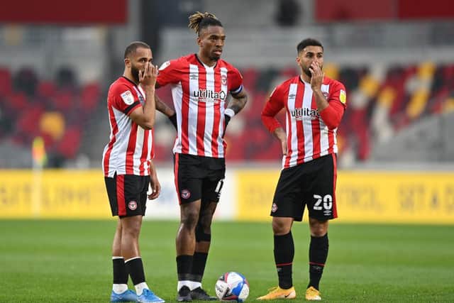 Saman Ghoddos, Ivan Toney and Bryan Mbeumo of Brentford. (Photo by Justin Setterfield/Getty Images)