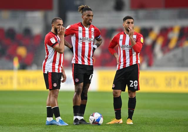 Saman Ghoddos, Ivan Toney and Bryan Mbeumo of Brentford. (Photo by Justin Setterfield/Getty Images)