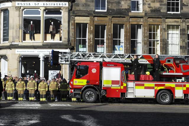 A single fire engine carried Barry Martin's coffin to the service at St Giles' Cathedral. Picture: Lisa Ferguson