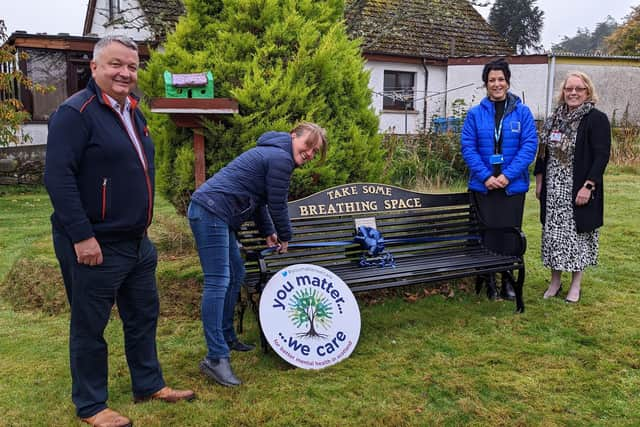 Unveiling the 50th Take Some Breathing Space bench at The Gatehouse service in Golspie