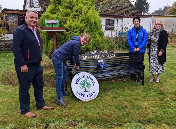Unveiling the 50th Take Some Breathing Space bench at The Gatehouse service in Golspie