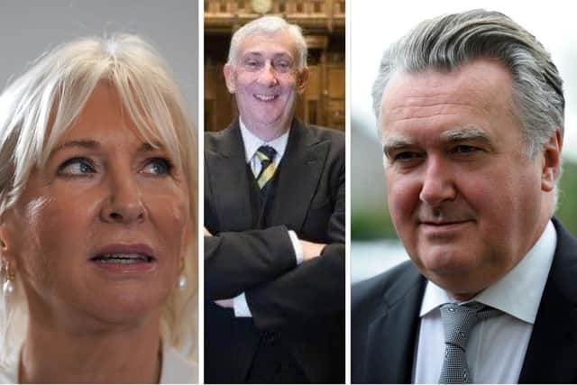 From left, Nadine Dorries, Lindsay Hoyle, and John Nicolson