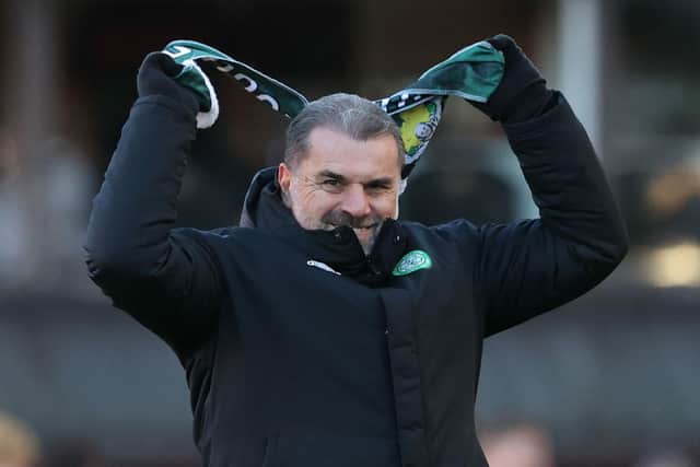 Celtic manager Ange Postecoglou celebrates at full time after the win over Dundee United.