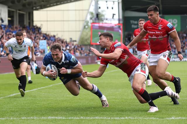 Tom Roebuck, wanted by Scotland and England, in try-scoring form for Sale Sharks in their Gallagher Premiership semi-final win over Leicester Tigers. (Photo by Jan Kruger/Getty Images for Sale Sharks)