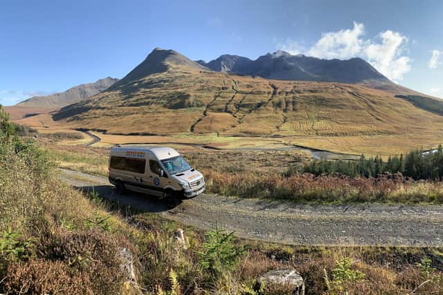 The SKYEFARI minibus making its way around the island with visitors keen to spot wildlife and take in the majestic views. SKYEFARI run wildlife tours on Skye, with various itineraries which can also be tailored to visitors' preferences. Pic: Paul Sharman