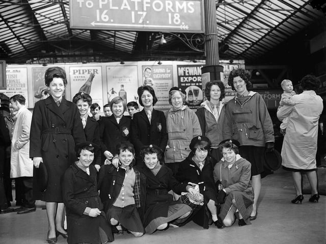 Girl Guides of the 178th Company, Blackhall, leaving Waverley Station for their spring holiday weekend in Dunkeld in April 1963.