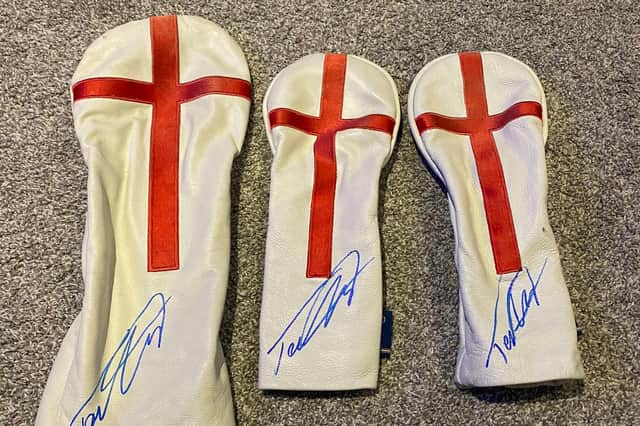The set of Tommy Fleetwood-signed headcovers that were put up for auction by his caddie, Ian Finnis, in aid of the Swanston Golf Academy fire fund