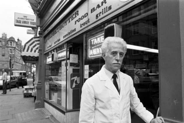 Owner Alfred De Angelis outside the Globetrotter fish and chip shop in Bruntsfield Edinburgh, December 1988.