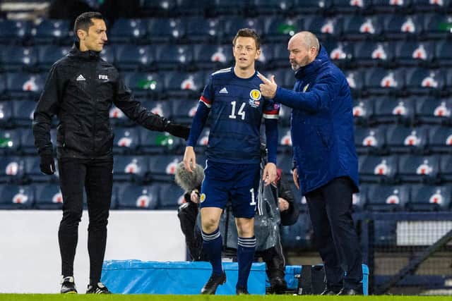 Steve Clarke give Callum McGregor instruction before sending him on against Moldova with the Celtic captain appreciative over  the Scotland manager's handling of his workload  in giving him a breather between last week's Denmark encounter and the crucial qualifier in Austria. (Photo by Craig Williamson / SNS Group)
