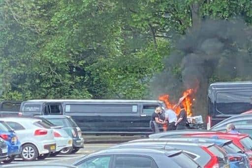 Fire and Rescue service called after limousine blaze in Fife hotel car park. Picture credit: Fife Jammer locations.