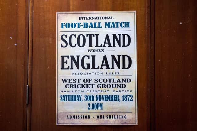 A historical poster during an event to mark the 150th anniversary of the first Scotland v England international fixture in 1872 at the West of Scotland Cricket Ground, on November 30, 2022, in Glasgow, Scotland.  (Photo by Ross Parker / SNS Group)