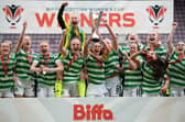Celtic players lift the Scottish Women's Cup trophy after defeating Glasgow City in the final at Tynecastle. (Photo by Craig Foy / SNS Group)