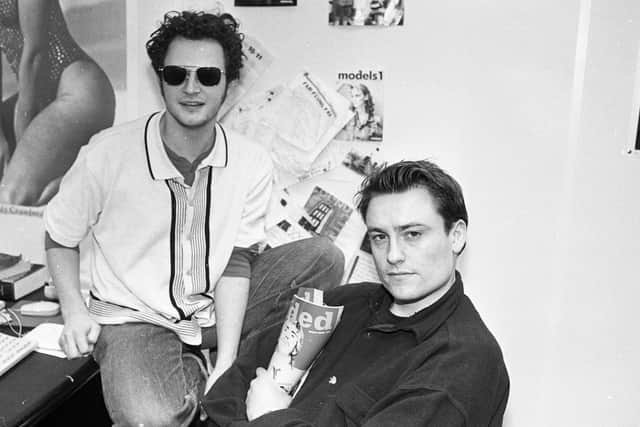 James Brown and Trim Southwell while inventing 'Loaded' magazine at IPC, 1994. (Photo by Martyn Goodacre/Getty Images)