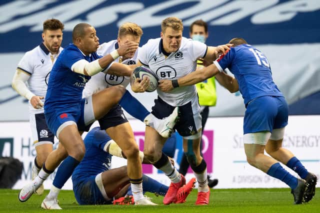 Scotland's Duhan van der Merwe on the attack against France. Picture: Ross Parker / SNS