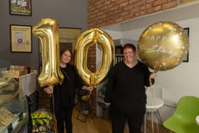 Cherie (Supported Volunteer) and Amanda Traill (Head of Operations) celebrate Social Bite Aberdeen’s 10th birthday.