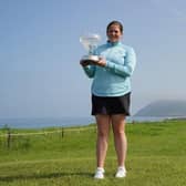 Milngavie's Lorna McClymont kept her hands on the Flogas Irish Women's Amateur Open trophy after making a successful title defence at Woodbrook in County Wicklow. Picture: Golf Ireland.