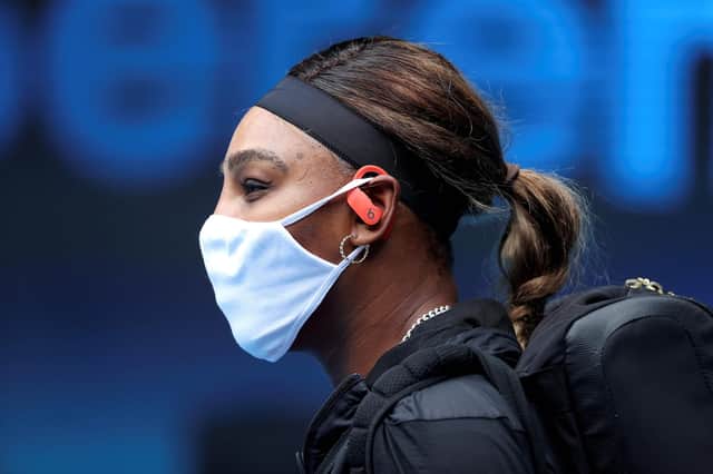 Serena Williams wears a face mask in Melbourne where preparations for the Australian Open were thrown into chaos after a hotel worker became infected with Covid-19. Picture: David Gray/AFP via Getty Images