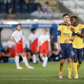 Union's Dante Vanzeir, Union's Simon Adingra and Union's Teddy Teuma combined to give the Belgian side a 2-0 lead to take to Ibrox next week. (Photo by BRUNO FAHY/BELGA MAG/AFP via Getty Images)