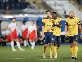 Union's Dante Vanzeir, Union's Simon Adingra and Union's Teddy Teuma combined to give the Belgian side a 2-0 lead to take to Ibrox next week. (Photo by BRUNO FAHY/BELGA MAG/AFP via Getty Images)