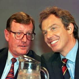 British Prime Minister Tony Blair (right), and Northern Ireland First Minister David Trimble on the platform during the Labour Party Conference at Blackpool in 1998. Picture: Press Association