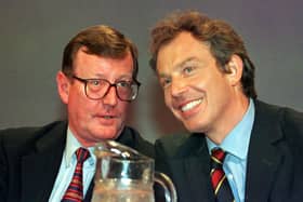 British Prime Minister Tony Blair (right), and Northern Ireland First Minister David Trimble on the platform during the Labour Party Conference at Blackpool in 1998. Picture: Press Association