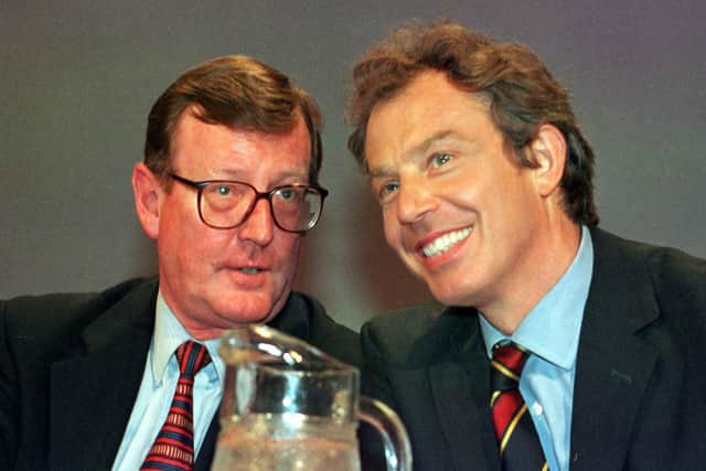 British Prime Minister Tony Blair (right), and Northern Ireland First Minister David Trimble on the platform during the Labour Party Conference at Blackpool in 1998. Picture: Press Association