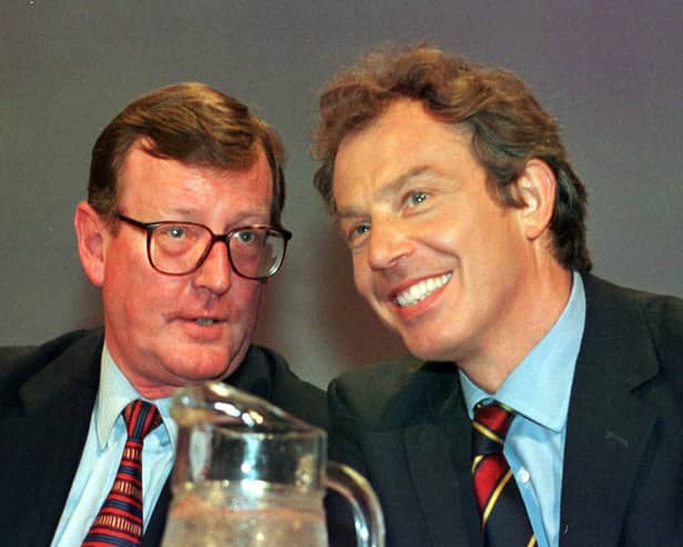 British Prime Minister Tony Blair (right), and Northern Ireland First Minister David Trimble on the platform during the Labour Party Conference at Blackpool in 1998. Picture: Press Association