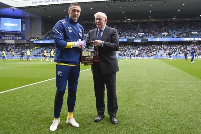 John Greig makes a presentation to Allan McGregor ahead of his 500th appearance for Rangers.