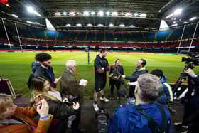 Wales' Adam Beard is interviewed during the team run ahead of playing Scotland.
