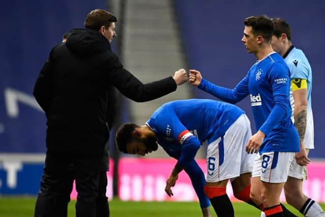 Rangers manager Steven Gerrard congratulates Ryan Jack after the midfielder made a scoring return to action in the 5-0 win over Ross County at Ibrox. (Photo by Rob Casey / SNS Group)