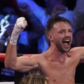 Josh Taylor celebrates after defeating Jose Ramirez by unanimous decision in Las Vegas. Picture: John Locher/AP