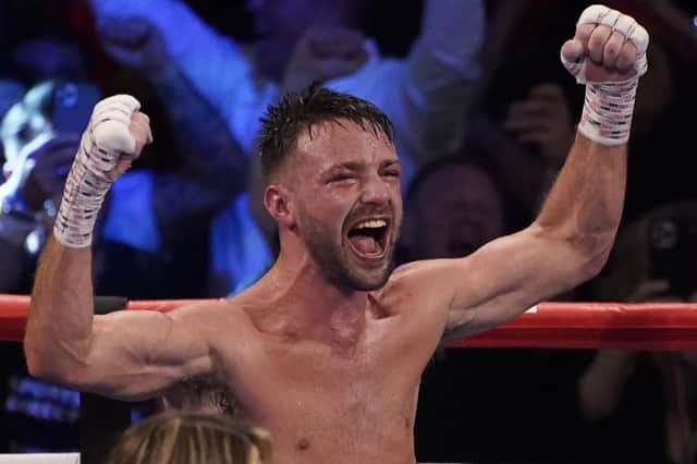 Josh Taylor celebrates after defeating Jose Ramirez by unanimous decision in Las Vegas. Picture: John Locher/AP