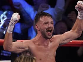 Josh Taylor celebrates after defeating Jose Ramirez by unanimous decision in Las Vegas. Picture: John Locher/AP