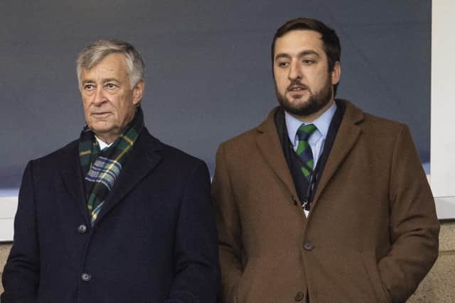 Hibs owner Ron Gordon with his son, and the club's head of recruitment, Ian. (Photo by Ross MacDonald / SNS Group)