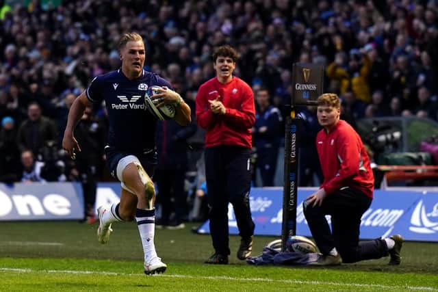 Scotland's Duhan van der Merwe races clear to score his second try in the 30-21 win over England at Murrayfield.  (Picture: Jane Barlow/PA Wire)