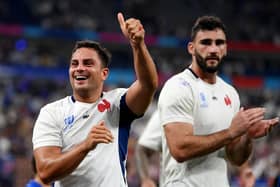 Arthur Vincent of France gestures a thumbs-up at full-time following the French win over New Zealand.