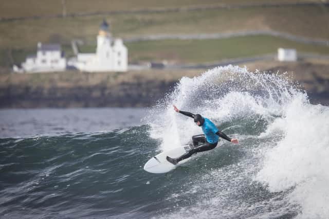 Wales' Harry Cromwell in the Open Main Grand Event final during day two of the British Surfing Championships at Thurso East, Caithness.(Pic: Jane Barlow/PA Wire)