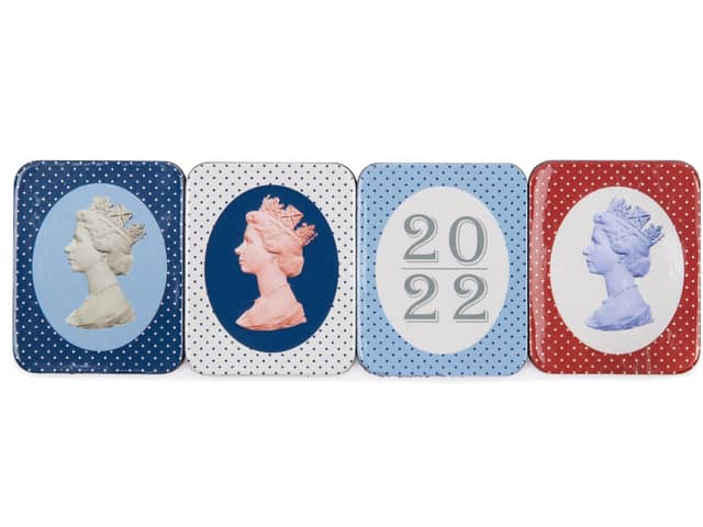 Undated handout photo issued by the Royal Collection Trust, Official Platinum Jubilee souvenirs inspired by the renowned postage stamp profile portrait of the Queen